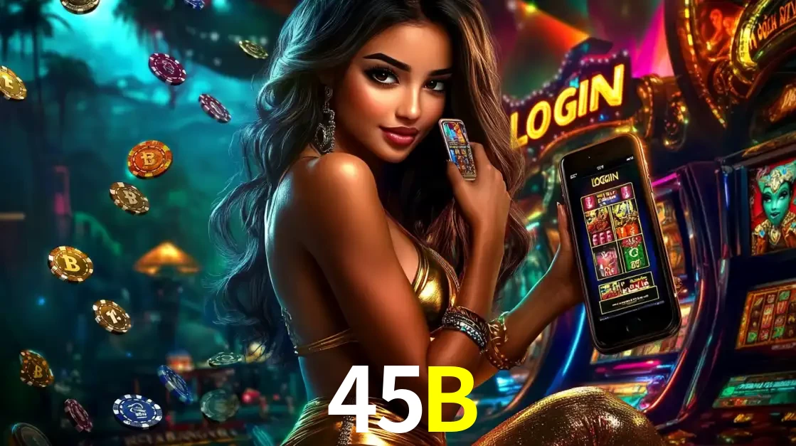 Mulher em um cenário de cassino temático de aventura, mostrando o app de caça-níqueis da 45B no celular. Fichas de apostas flutuam ao redor.