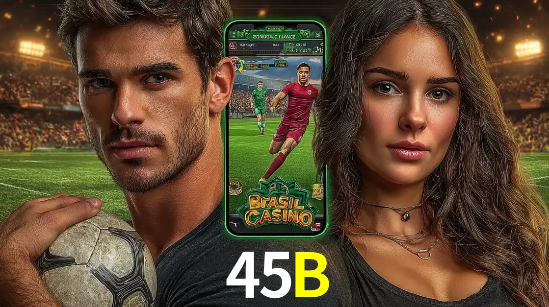 Homem segurando uma bola de futebol e uma mulher ao lado de um smartphone exibindo o jogo de apostas esportivas da 45B. Faça seu palpite no cassino online.